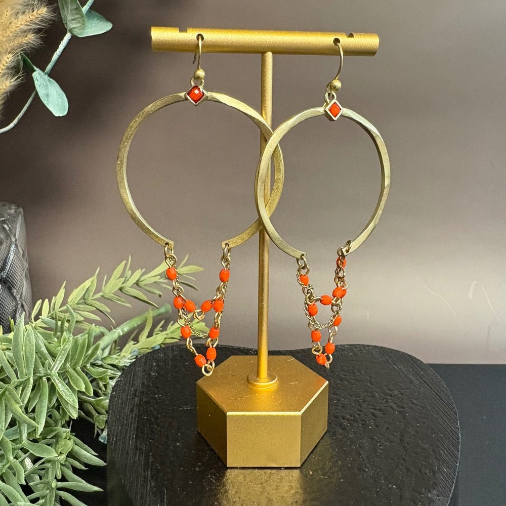 Hoop Dangle Earrings | Orange Beaded Fringe | Boho Statement